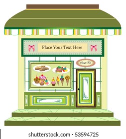 vector of cake cafe with signs on door and in front, ready for your text