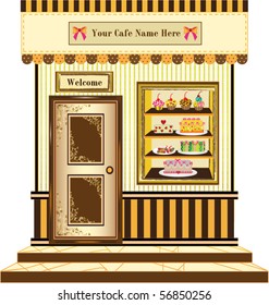 vector of cake cafe with signs on door and in front, ready for your text