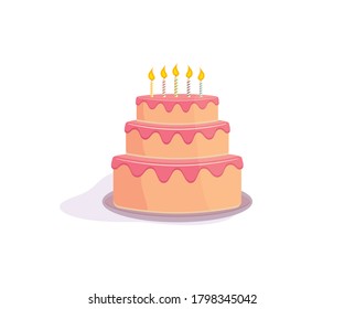 Vector cake with candles and cream illustration. Happy birthday wish card design element.