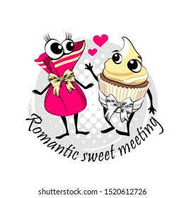 Vector cake and candy. Comic and funny sweet couple with bow. Hand drawn illustration of cartoon dessert. Print on T-shirts, bags and other fashion products. 