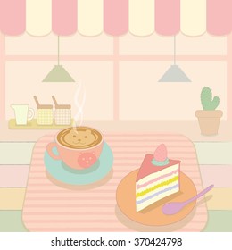 Vector the cake and coffee in the bakery cafe shop.Cute theme and pastel color.