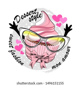 Vector cake. Comic and funny sweet couple with glasses and bow. Hand drawn illustration of cartoon ice cream. Print on T-shirts, bags and other fashion products. Dessert style.
