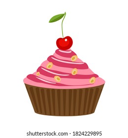 Vector cake with cream and cherry isolated on a white background. cupcake with pink cream and berry