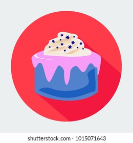 Vector of Cake With Cream and Star Decoration. Sign Icon on Red Background. Cake Icon.