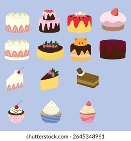 Coleção de conjuntos de design de bolo vetorial inclui cheesecake, bolo de morango, bolo de chocolate, cupcakes etc.