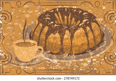 Vector. Cake with glaze and a cup of hot drink