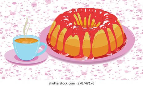 Vector. Cake with glaze and a cup of hot drink