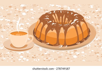 Vector. Cake with glaze and a cup of hot drink
