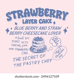 Vector Cake Graphic, Hand Drawn Layer cake design , strawberry blue berry layer cake, summer food prints, hand drawing text print design, cherry cupcake illustration