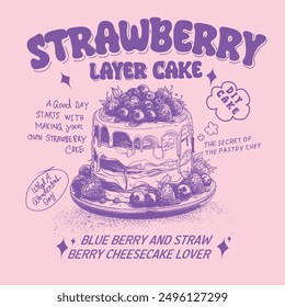 Vector Cake Graphic, Hand Drawn Layer cake design , strawberry blue berry layer cake, summer food prints, hand writing text print design, women's graphic tee, slogan t-shirt design