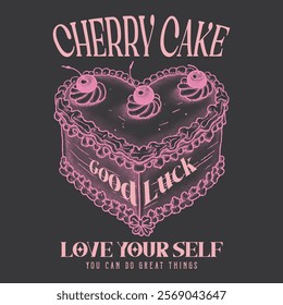 Vector Cake Graphic, Hand Drawn Layer cake design, cherry cake illustration, summer food prints, hand writing text print design, women's graphic tee, slogan t-shirt design, Cute cake