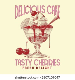Vector Cake Graphic, Hand Drawn Layer cake design, cherry cake illustration, summer food prints, hand writing text print design, women's graphic tee, slogan t-shirt design,