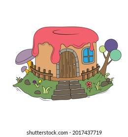 Vector cake house, illustration of a house made like a tart with a candy tree next to the house