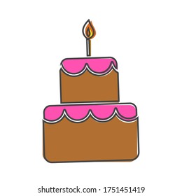 Vector cake icon. Cake with candles cartoon style on white isolated background.