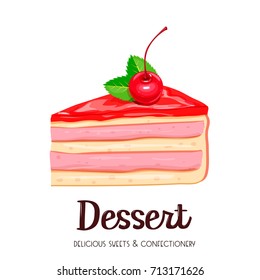 Vector cake icon. Piece of yoghurt dessert confectionery with berries cherry.