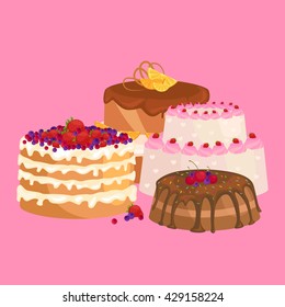 Vector cake icon set, Birthday food, sweet dessert, isolated illustration.