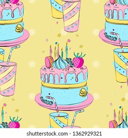 Vector cake illustration. Seamless pattern with hand drawn cakes and colorful watercolor splashes. Birthday cake with cream and berries. Celebration cake design. Couple on top.