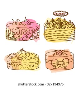 Vector cake illustration. Set of 4 hand drawn cakes with colorful watercolor splashes. Wedding cakes with cream and berries. Celebration cake design. 