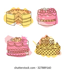 Vector cake illustration. Set of 4 hand drawn cakes with colorful watercolor splashes. Wedding cakes with cream and berries. Celebration cake design. Couple of birds on top.