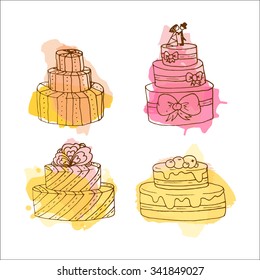 Vector cake illustration. Set of 4 hand drawn cakes with colorful watercolor splashes. Wedding cakes with cream and berries. Celebration cake design. Couple on top.