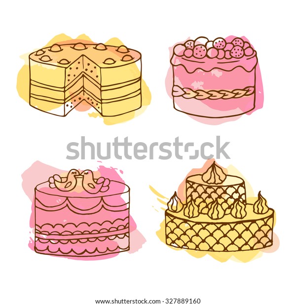 ベクターケーキのイラスト カラフルな水彩の手描きのケーキ4個のセット クリームとベリーを入れたウエディングケーキ お祝いケーキのデザイン 上に鳥が2羽 のベクター画像素材 ロイヤリティフリー 327889160