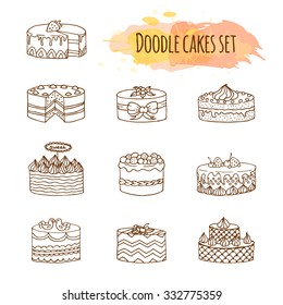 Vector Cake Illustration. Set Of Hand Drawn Cakes. Doodle Cakes With Cream And Berries. 