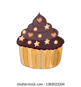 Vector cake with little biscuit isolated on the white. Sweet cupcake with cream and biscuit.