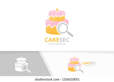 Vector cake and loupe logo combination. Pie and magnifying symbol or icon. Unique cupcake and search logotype design template.