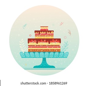 Vector cake on a plate, decorated with noise textures, cute chocolate icing and wavy cream patterns. Symbol of happy birthday, parties, christmas, holidays. Two-level cake with a copy space on the top