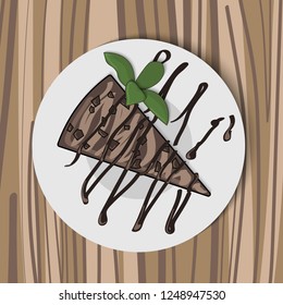 Vector cake on a plate with mint covered with melted chocolate drops. Eps 10

