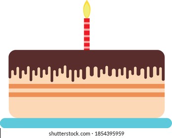 vector cake. cake with one burning candle. red candle on a cake with chocolate