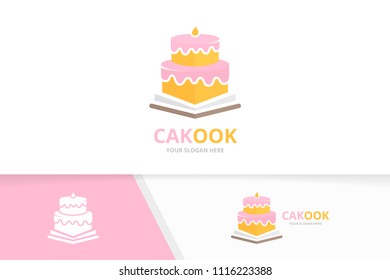 Vector cake and open book logo combination. Pie and bookstore symbol or icon. Unique cupcake and library logotype design template.