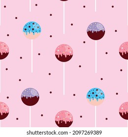 Vector cake pops seamless pattern in cartoon style. Various colorful desserts on sticks on pink backdrop