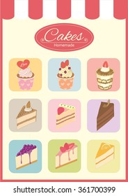 Vector the cake products menu for the bakery cafe shop.Pastel color tone.