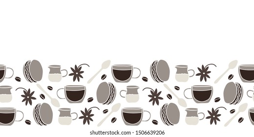 Vector cake and spoon and coffe cup and milk made into food repeat border. Great for restaurants, invitations, menu, posters.
