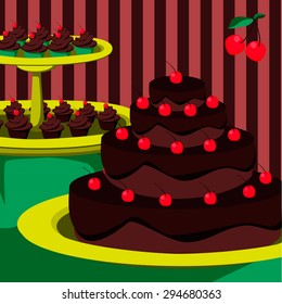 Vector cake stand and muffins that can be used at invitation card or greeting card.