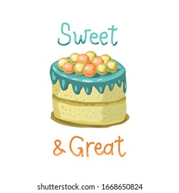 Vector Cake, Sweet dessert. Habd drawn sketch of Cake isolated on white background. Party food.