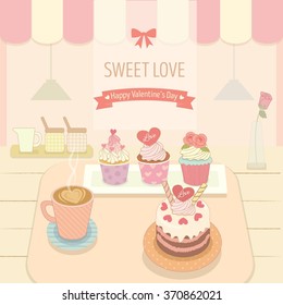 Vector the cake&coffee in the bakery cafe shop.Cute theme and pastel color for valentine's day.