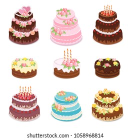 Vector cakes collection. Set of different types sweet baked cakes - chocolate cake, birthday and wedding celebration cakes.