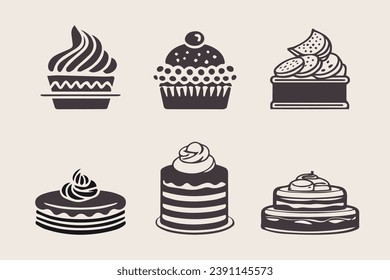 Vector Cakes and Cupcakes. Sweets vector collection. Dark brown icon Cakes set. EPS 10