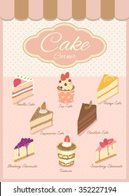 Vector the cakes menu board for bakery shop, decorate with awning.Vintage theme and pastel pink color tone.