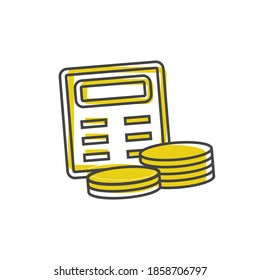  Calculadora de vectores y dibujos animados de iconos de monedas sobre fondo blanco aislado.