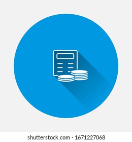 Vector calculator and coins icon on blue background. Flat image with long shadow.