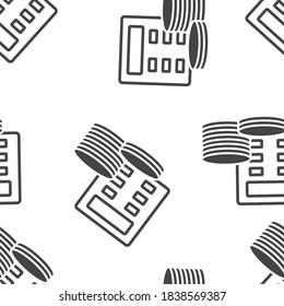  Vector calculator and coins icon seamless pattern on a white background.