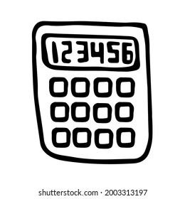 Vector calculator in doodle style. Hand drawn logo isolated on white background. Symbol of economy, accounting, mathematical calculation.