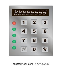Vector calculator keyboard. Metal keypad with buttons. Grey calculator with numbers and signs