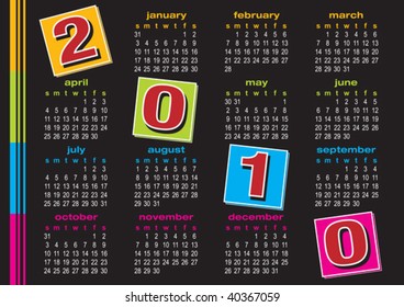 Vector of calendar 2010 with colorful design on black background