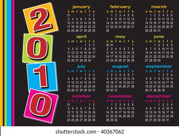 Vector of calendar 2010 with colorful design on black background