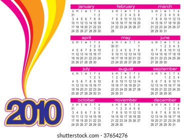 Vector of calendar 2010 with colorful waves on white background