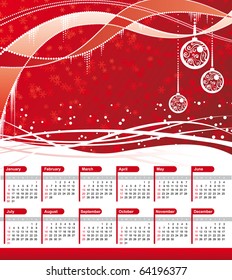 Vector Calendar 2011. Red wave background with christmas balls